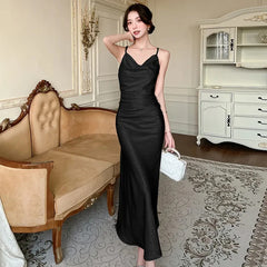 Bxoxo Sexy Backless Satin Camis Dress Women Summer French Spaghetti Straps Slim Midi Dress Female Elegant Solid A Line Dress New