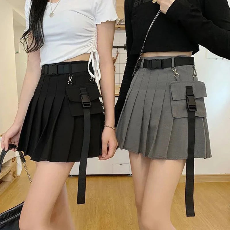 Bxoxo Harajuku Belt Pleated Cargo Skirt Women Fashion Gothic High Waist Pocket Mini Skirts Fashion Summer Lady A Line Black Skirt