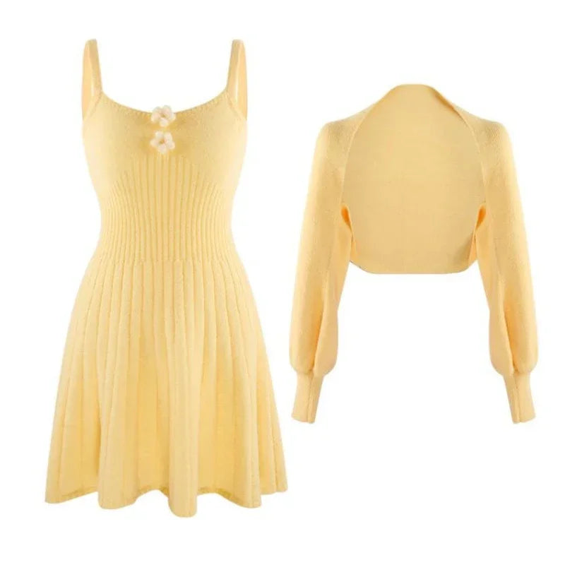 Bxoxo  Korean Autumn Winter Sweet Knitted Two Piece Dress Set Women Strap +Casual Coat Dress Set Style Solid Dress Suit