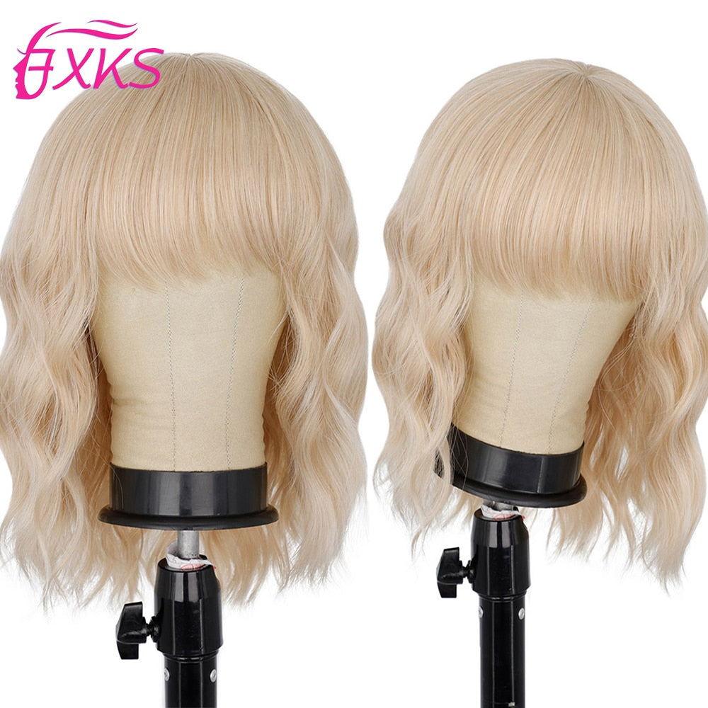 BXOXO Blonde Gold Short Wavy Synthetic Wigs With Bangs Brown Grey Silver Black Color Body Wave Hair Wigs 14Inch 200G For Women FXKS