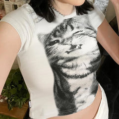 BXOXO Harajuku Animal Print Crop Top Basic White Short Sleeve Crewneck T-shirt Women Casual Slim-fitting Tees Lady y2k Vintage