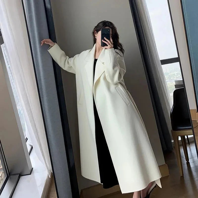 BXOXO Elegant Midi Wool Blends Coat Women Korean Thicken Long Bandage Jackets Oversized Lace Up Outwear White Cardigan Woolen Overcoat