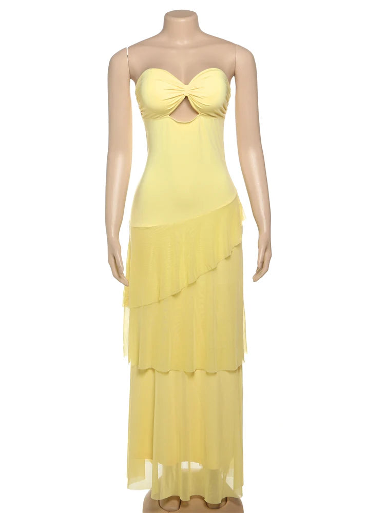 BXOXO Fashion Sexy Backless Strapless Maxi Dress Women Ruched Elegant Mesh Patchwork Ruched Ruffles Vacation Street Outfits