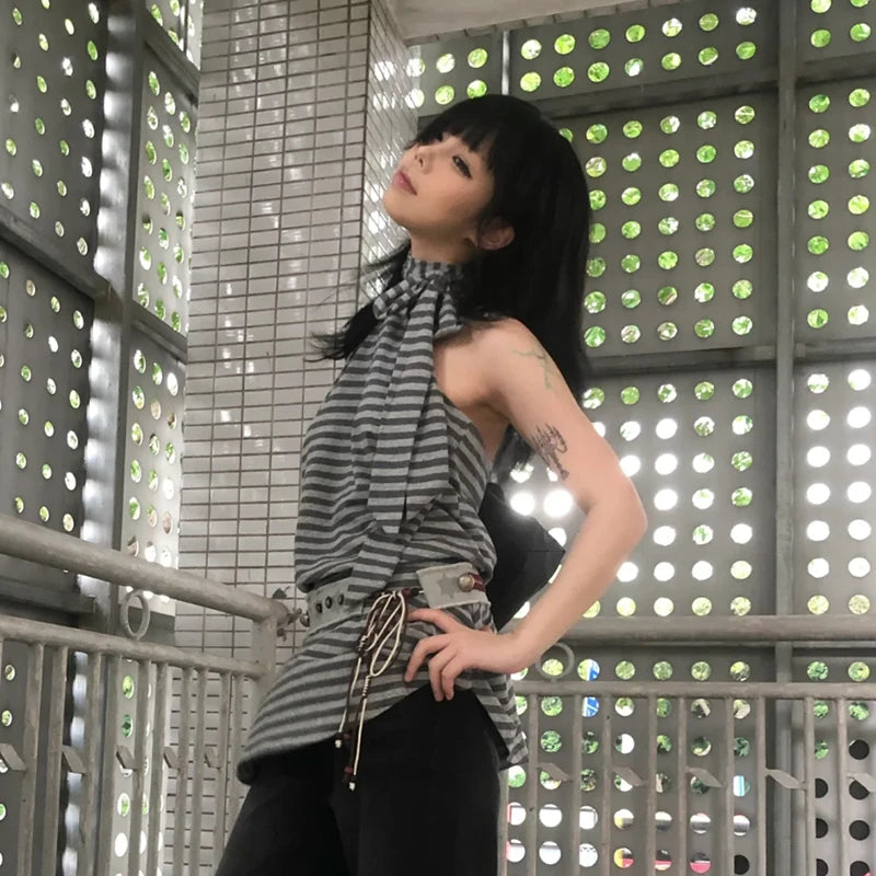 BXOXO Japanese Y2k Tank Tops Women Striped Backless T-shirts Sleeveless Streetwear American Retro Camis Aesththic 2000s Tops