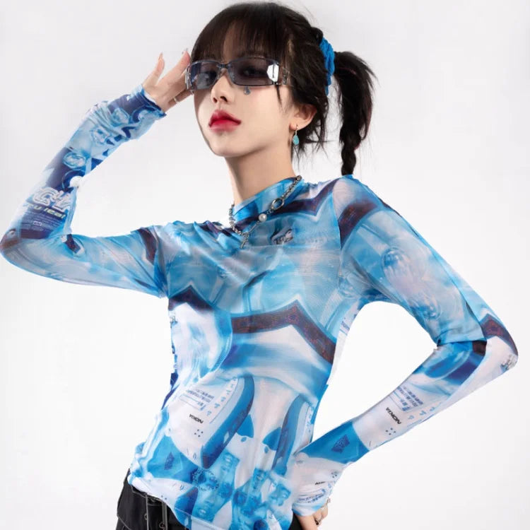 BXOXO Cyberpunk Ice Silk Sun Protection Mesh T-shirt for Women 2025 Summer New Blue Tie Dye Tee Shirt Y2k E-Girl Long Sleeve Tops