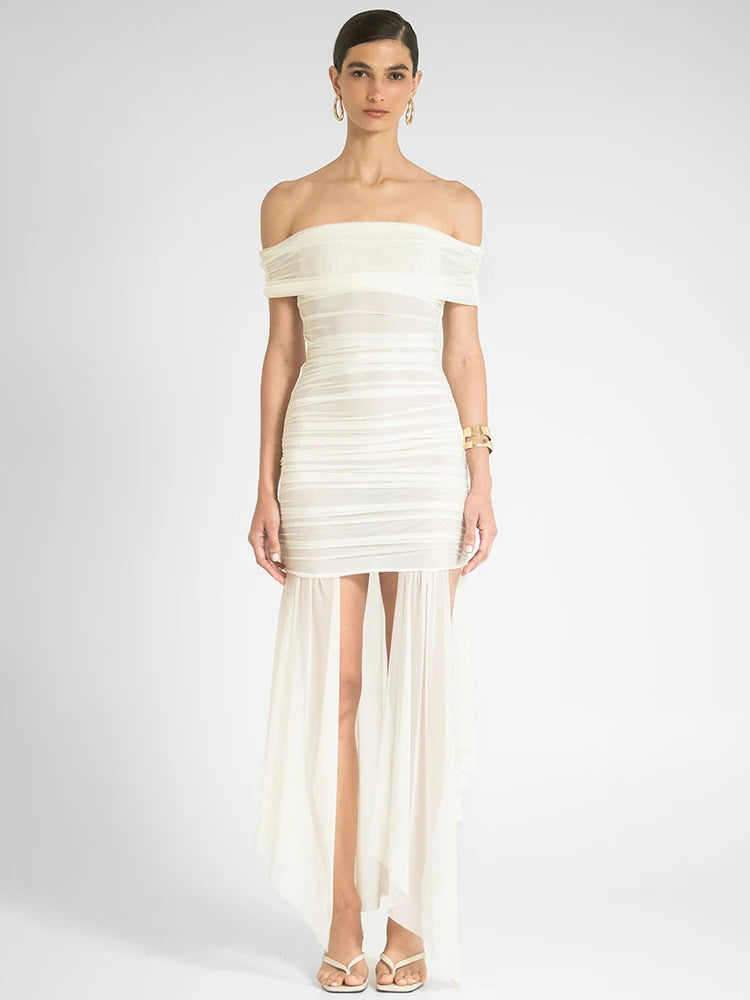 BXOXO  Mesh Off-shoulder Backless Sexy Maxi Dress For Women Fashion Strapless Sleeveless Split Ruched Bodycon Club Party Dress