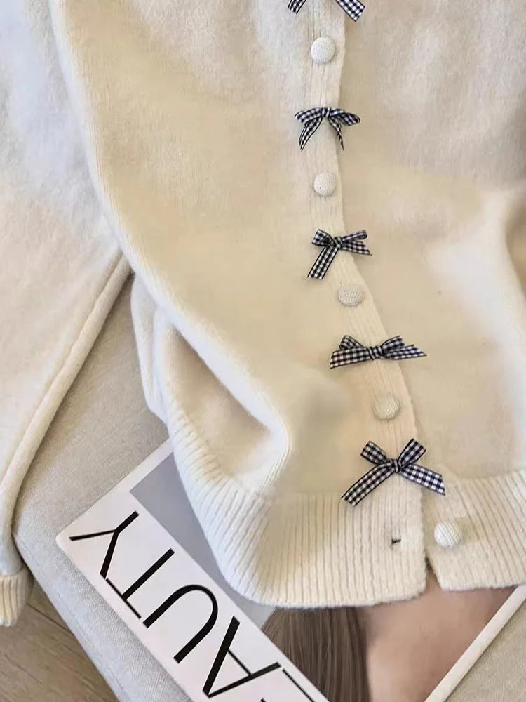 Bxoxo Cute Bow Women Cardigan Long Sleeve Lazy Wind Sweet Knitted Sweater Casual Loose Preppy Style Vintage Lady O Neck Fall Tops