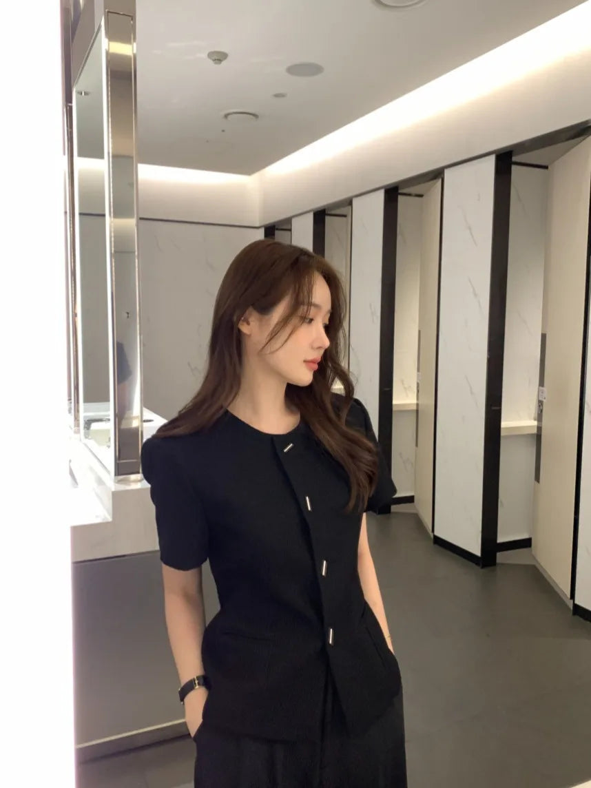 Bxoxo Versatile ort Sve round Ne Outerwear Little Fraance Sle Polyester Fiber Single Button Closure Pure Color Summer Ja...