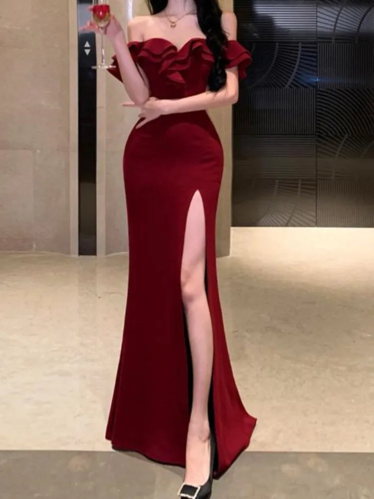 BXOXO Sexy Bodycon Long Dresses for Women Wedding Evening Party Prom Robe Ruffles Slash Neck High Split Hollow Out Summer New Vestido