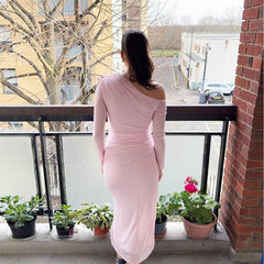 BXOXO Autumn Long Sleeve Dress Women Pink Mesh Maxi Dress New Arrivals High Slit Bodycon Party Dresses Women