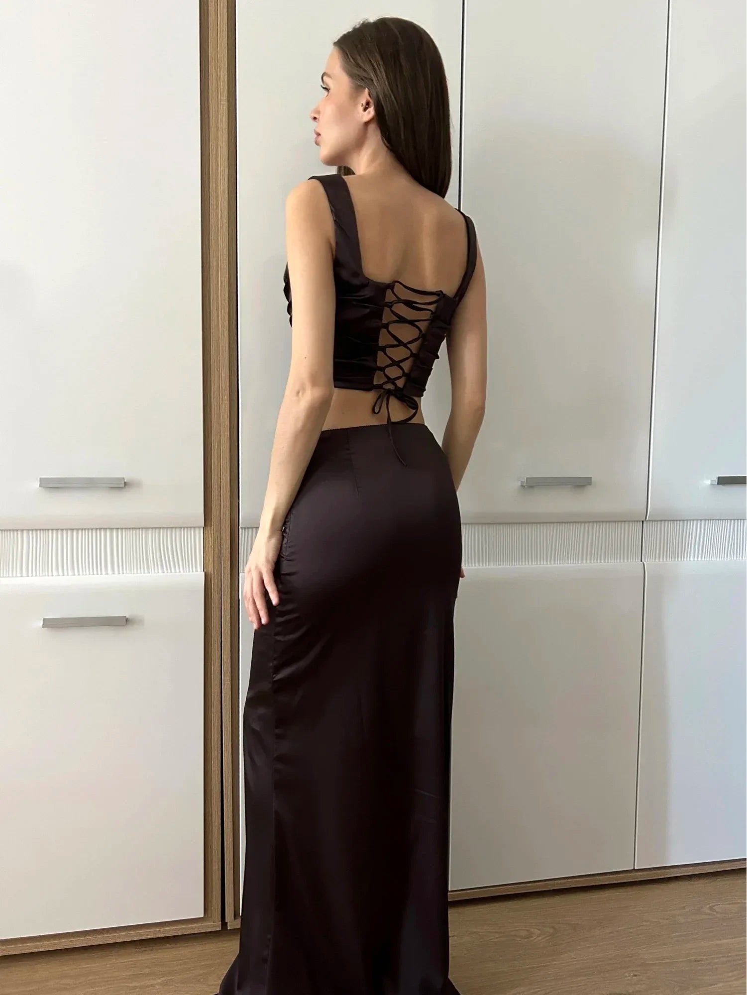 Bxoxo Wine Christmas Dress Women Satin 2 Piece Dress Set Elegant Bodycon Corset Cropped Top and Long Skirt Women Clothing