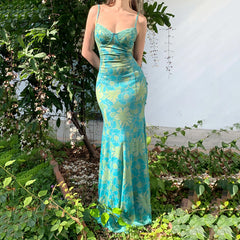 BXOXO Women Floral Spaghetti Strap Dress Slim Sweetheart Neck Sleeveless Long Bodycon Fishtail Dress for Party Club