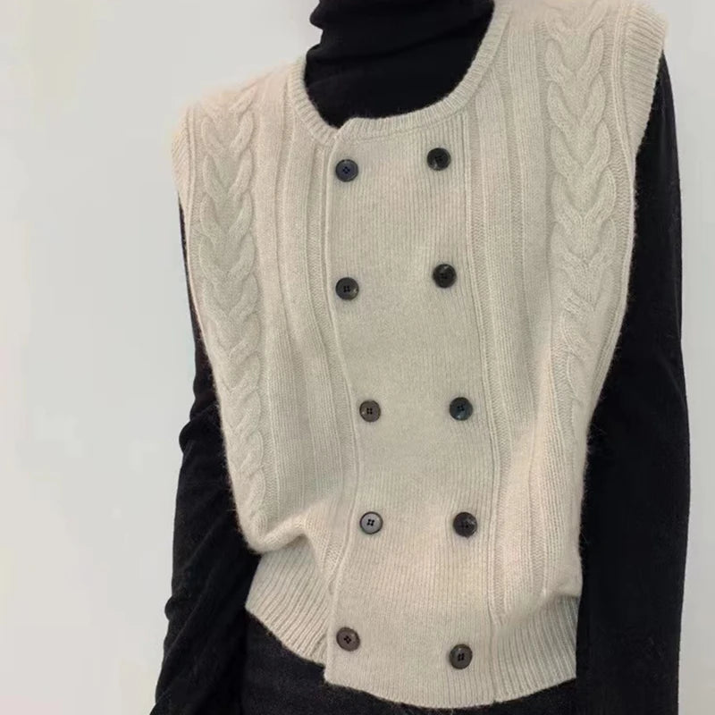 BXOXO Women Double-breasted Wool Cardigan Vest O-Neck Rib Warm Sweater Vest Knit Casual Waistcoat For Women Fall Winter