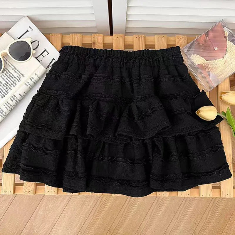 Bxoxo High Waist Ruffle Tutu Skirts Women Y2K Korean Sweet Preppy Tassel A Line Skirts Female New Lolita Cute Elastic Waist Cake Skirt