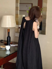 Bxoxo Summer Chic Hollow out Bal Midi Dr round Ne Svel Dr Ele Korean Sle Loose Waist A-Line Skirt Dr