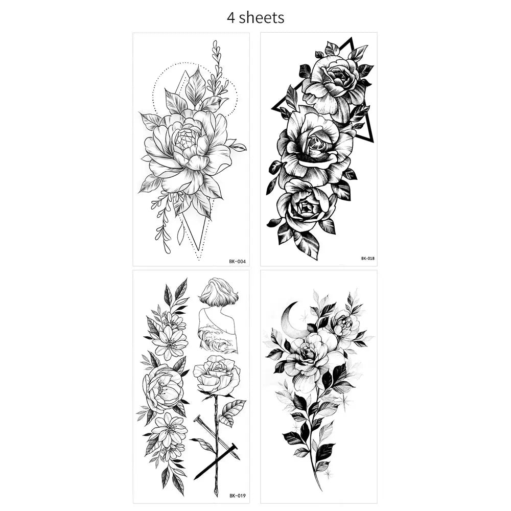 BXOXO 1/4pcs Black Flower Temporary Tattoos for Women Men Waterproof Realistic Floral Tattoo Stickers for Hand Arm Body Fake Tattoo