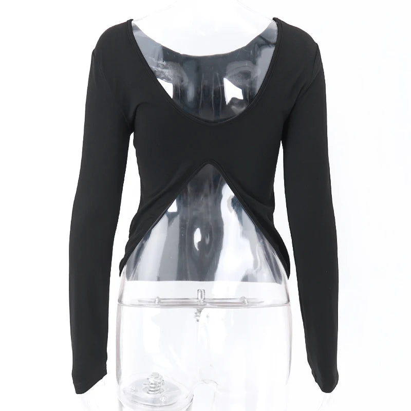 Bxoxo Sexy Long Sleeve Backless T Shirt Gothic Round-neck Skinny Women Crop Tops 2022 Autumn Fashion Black Tees Party Clubwear