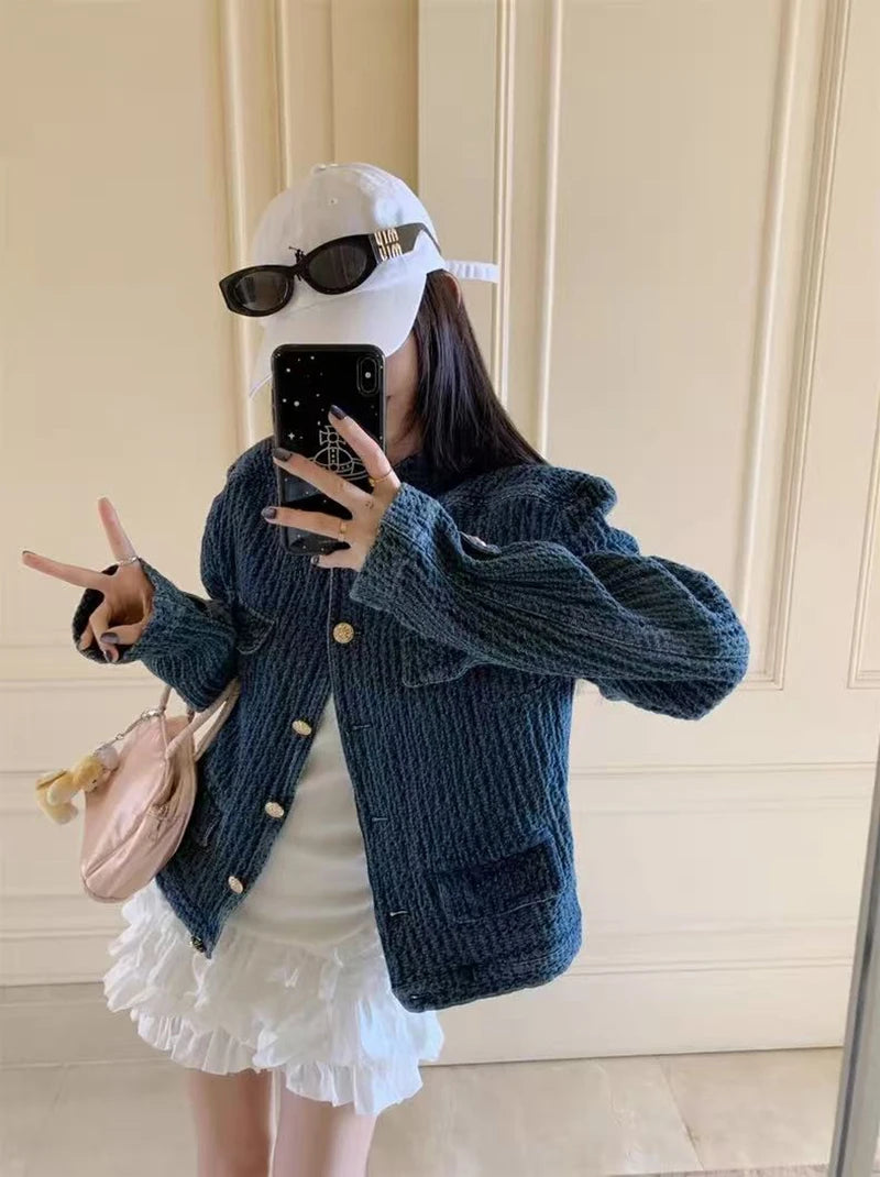 Bxoxo Vintage Stand Collar Denim Jacket Women Autumn Loose Streetwear Single Breasted Coats Y2K Korean Chic Long Sleeve Casual Outwear