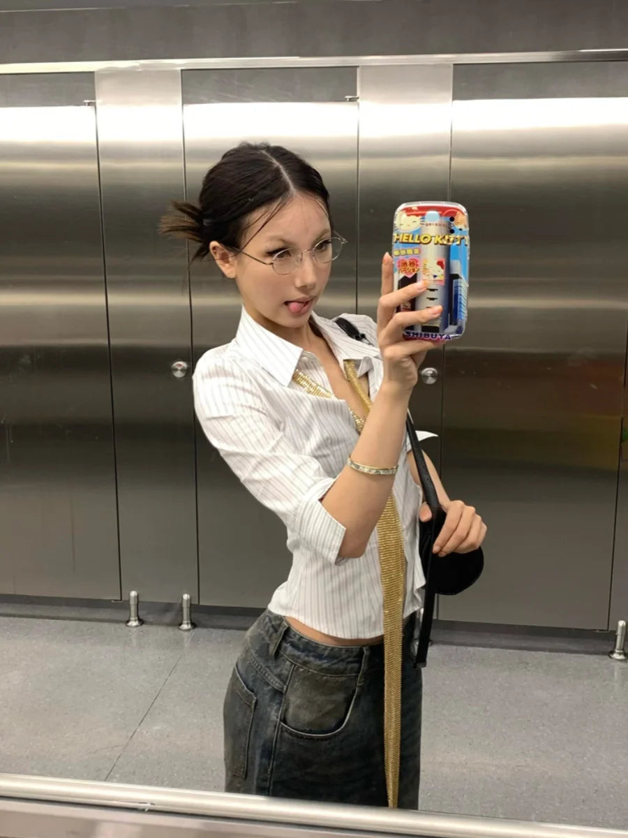 BXOXO Korean Fashion Shirt Women Striped Three Quarter Slim Shirt Y2k Vintage Tops Streetwear Japanese 2000s Retro Shirts
