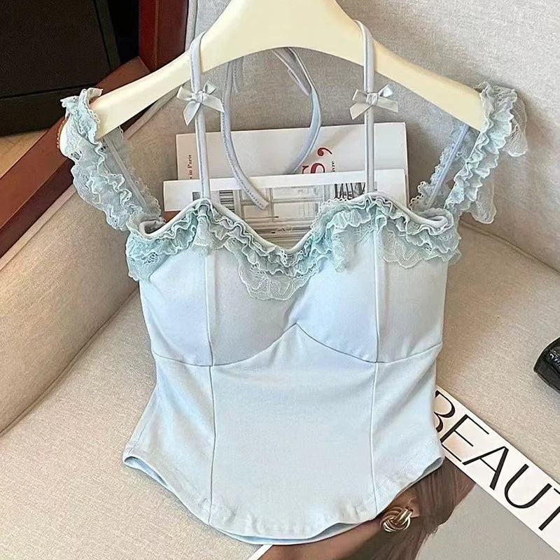 Bxoxo Sexy Slash Neck Lace Halter Camis Women Summer Sweet Slim Sleeveless Vest Y2K Streetwear Hot Girls Off Shoulder Tank New