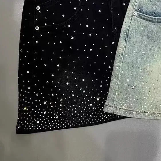Bxoxo Starry Hot Rhinestone Denim Skirt for Women 2024 Summer New Retro Slimming a-Line Sheath Denim Skirt