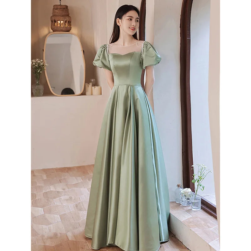 BXOXO Fairy Green Satin Prom Dress Puff Short Sleeve Lace-Up Floor Length Elegant  Evening Gown Plus Size Banquet Vestidos