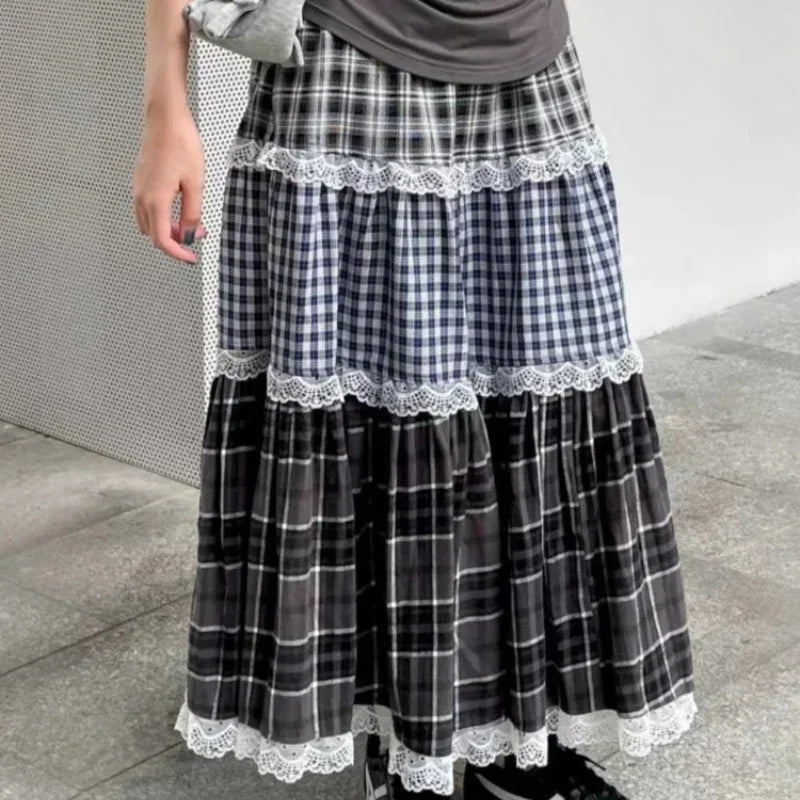 Bxoxo Vintage Harajuku Lace Plaid Skirt Women Preppy Style Long Skirts Autumn Winter Streetwear Retro A-line Ruffle Skirts