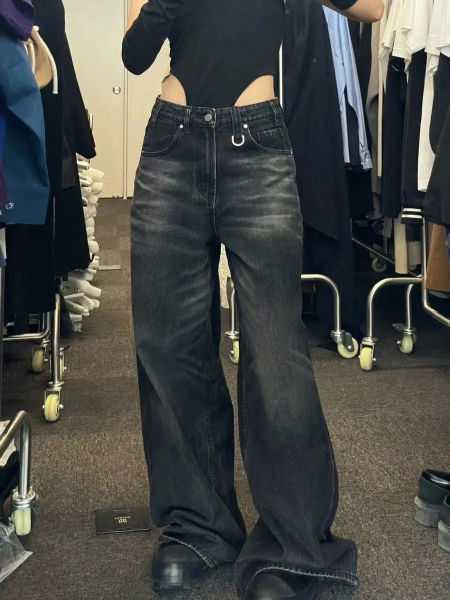 Bxoxo Black Vintage Washed Wide Leg Women's Jeans Y2k Overzised Korean Fashion Denim Pants Baggy Hip Hop Streetwear Gyaru