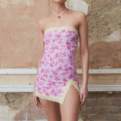 BXOXO Women's Summer Mini Tube Dress Fashion Lace Patchwork Floral Print Strapless Slit Hem Bodycon Dress Party Clubwear