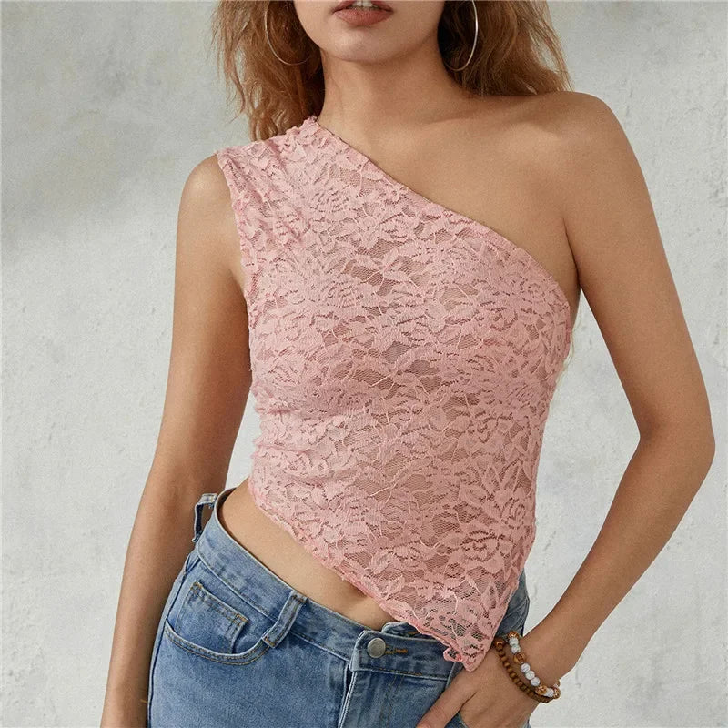 BXOXO Women Y2K Fairy Lace Cami Top Sexy One Shoulder Sleeveless Sheer Mesh Lace Cropped Tank Top Coquette Aesthetic Clothes