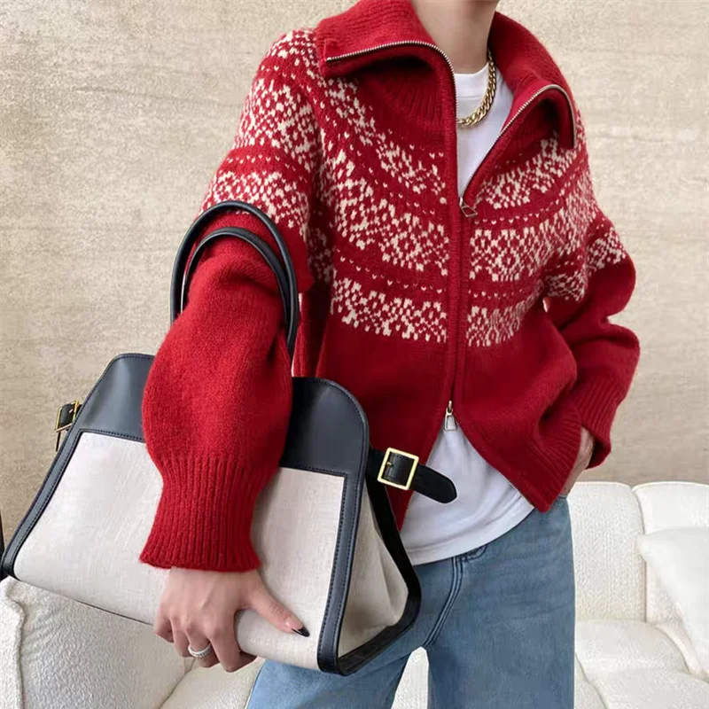 Bxoxo Women Fair Isle Sweater Zipper Front Collared Zip-up Sweater Knit Jacket Cozy Knitwear Teen-girl Fall Winter Vintage Outfit