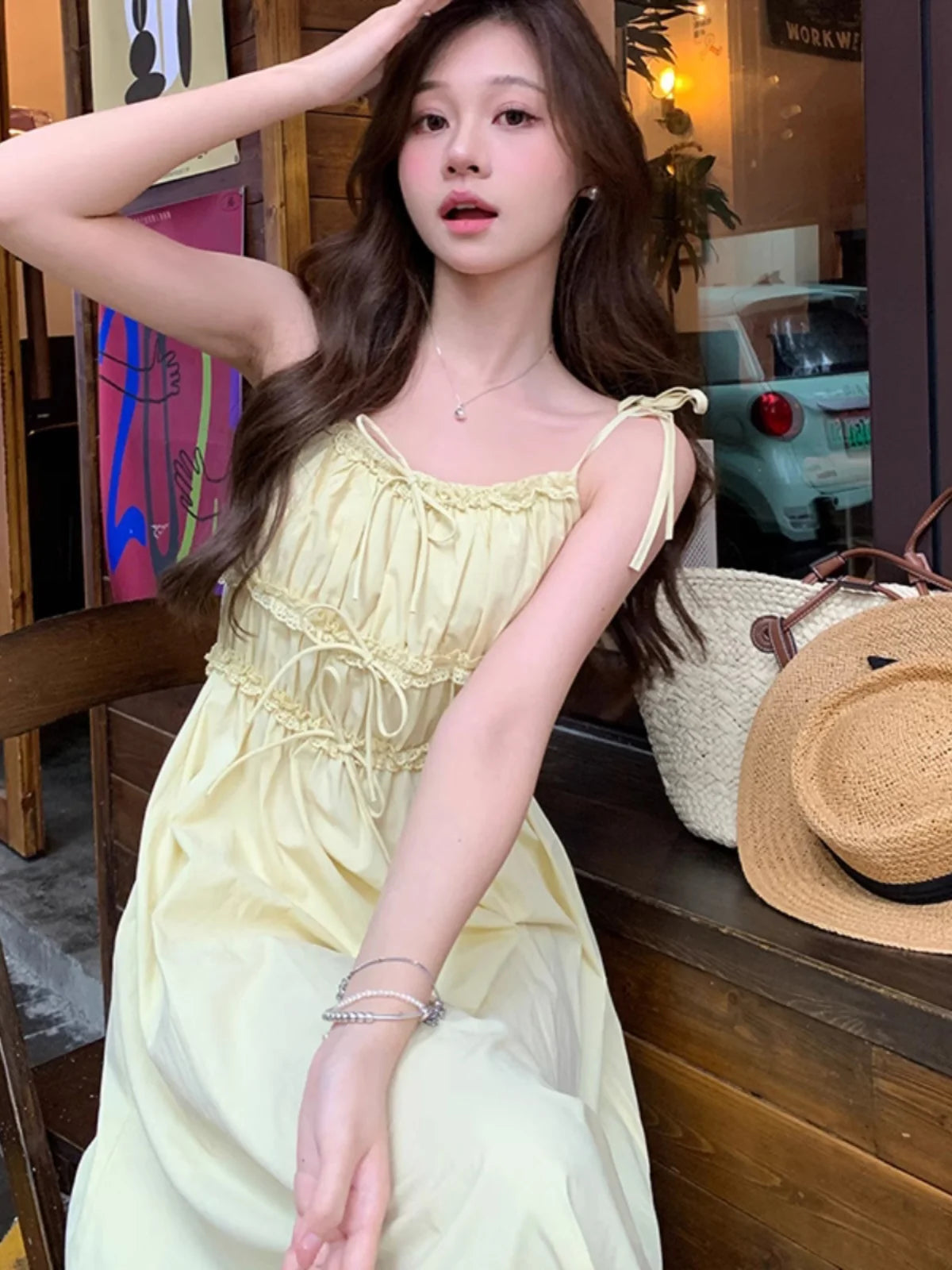Bxoxo White Summer Strapl Dr Women's Sweet Design Pleated Waist Slimming Svel Long Dr Korean Sle High Waist A-Line...