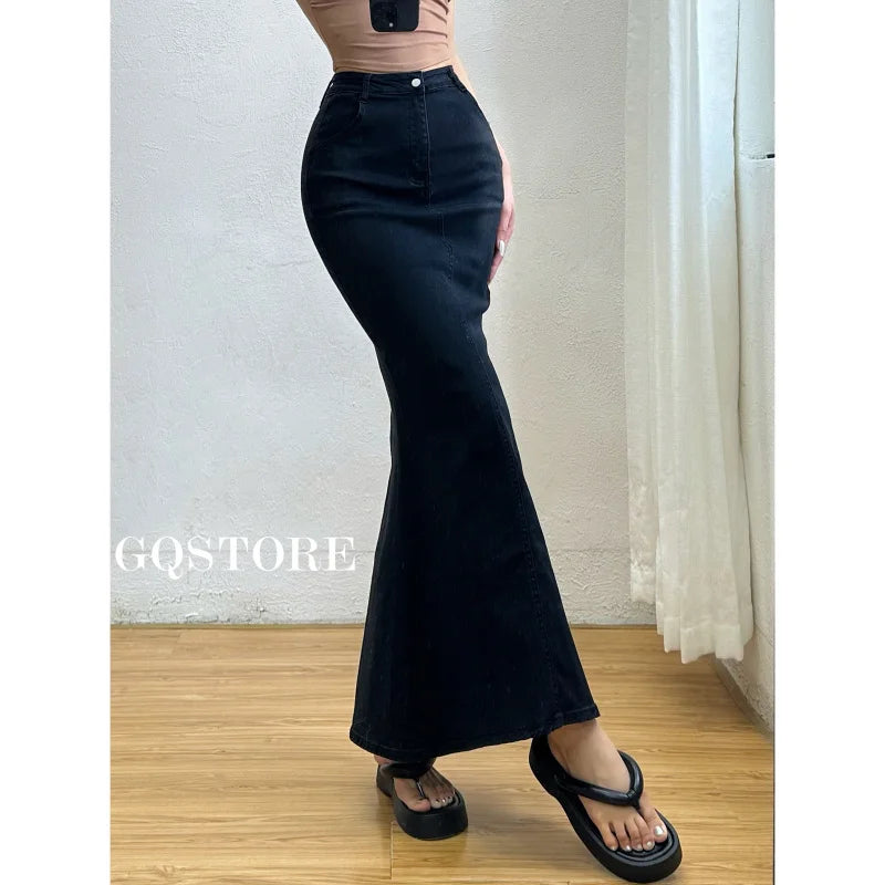 Bxoxo Spicy Girl Washed Denim Fishtail Half Skirt Women Summer High Waist Slim Split Slim Hip Long Skirt Fashion 2023 2Q1K
