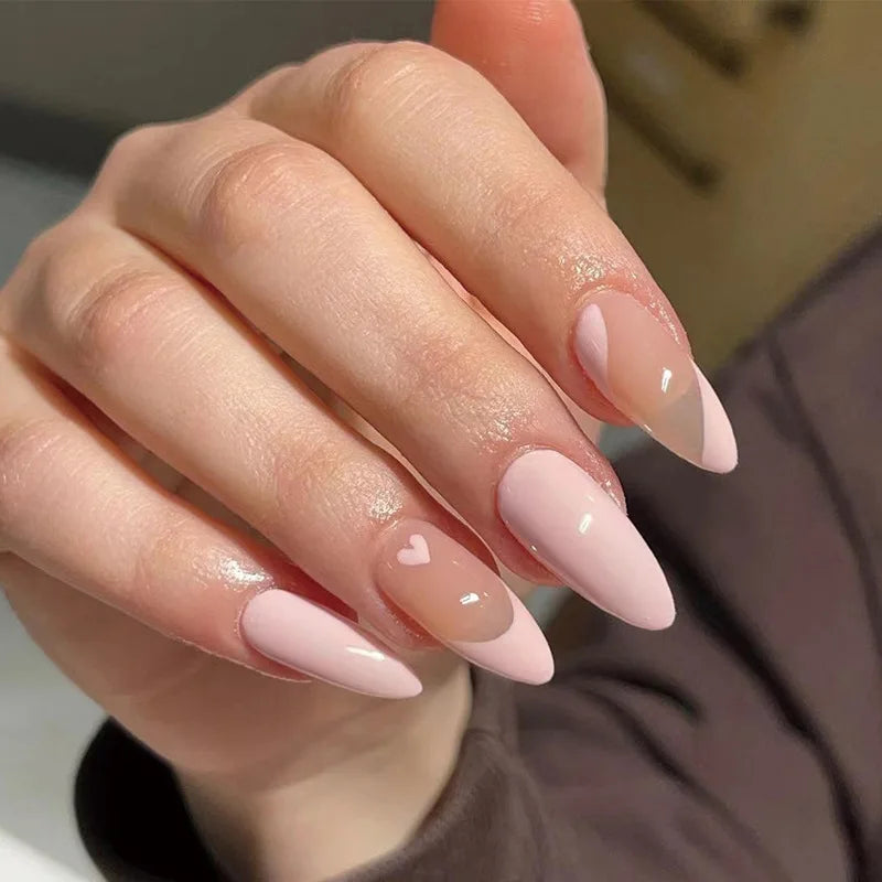 Bxoxo 24P French Oval False Nails Girls White Edge Design Nude Color Wearable Press on Nail Full Cover Short Acrylic Almond Fake Nails