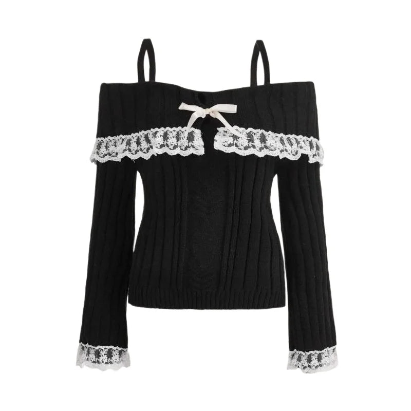 BXOXO Coquette Off Shoulder Sweaters Women Sweet Kawaii Lace Knitted Long Sleeve Pullovers Solid Cute Sweaters Aesthetics