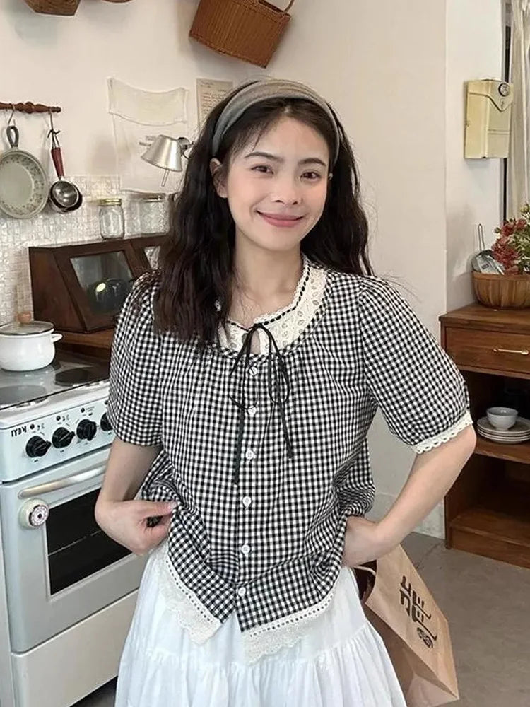 BXOXO Sweet Vintage Women Plaid Blouse Casual Preppy Style Lace Patchwork Loose Shirt Cute Retro Female Short Sleeve Lace Up Tops