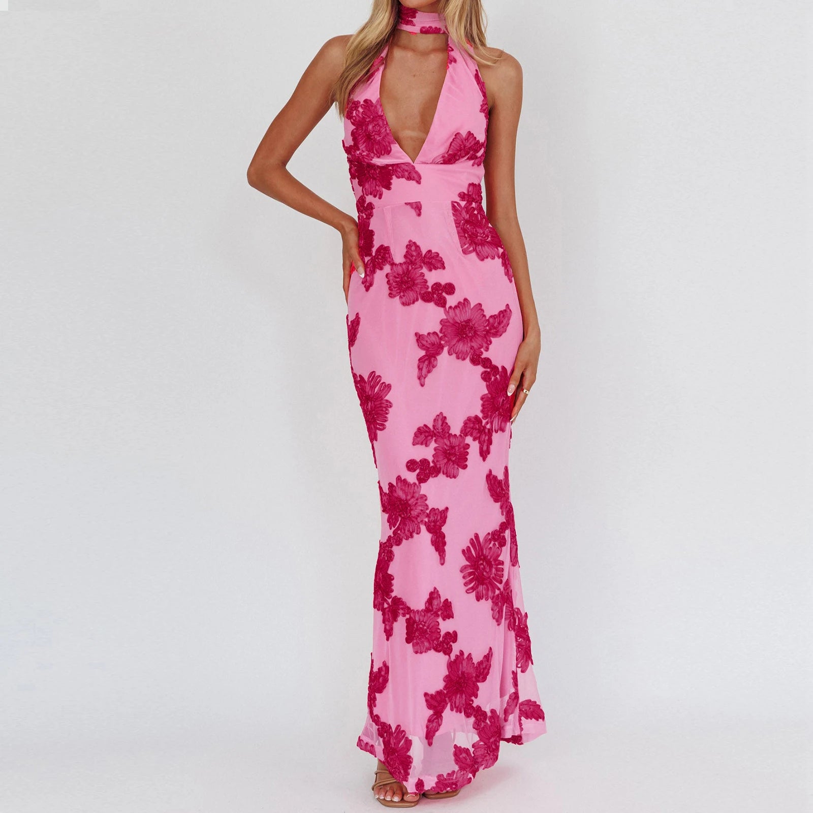 BXOXO Women Floral Maxi Dress Spaghetti Strap Slip Dress Y2k Bodycon Backless Flowers Print Going Out Long Sundress