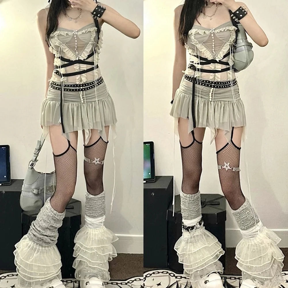 BXOXO Y2k Two Piece Set Outfit Aesthetic Fairy Grunge Mesh Irregular Short Skirt And Crop Top Summer Chic Women Matching Sets