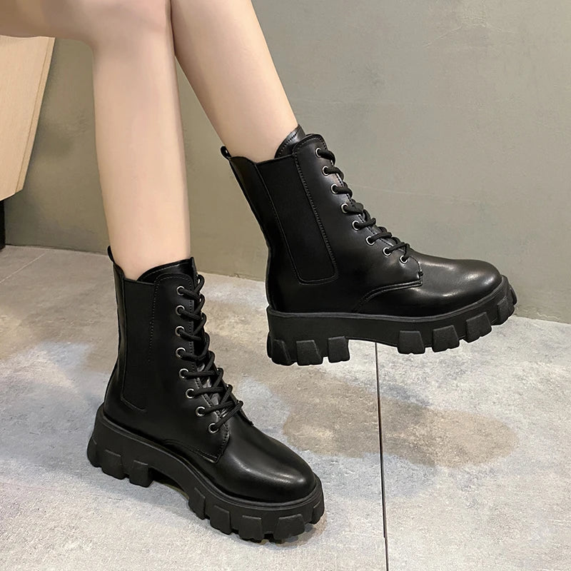 BXOXO New Fashion Thick Sole Thick Heel Women's Boots Large Size Women's Shoes Black Platform Sole Small Short Boots