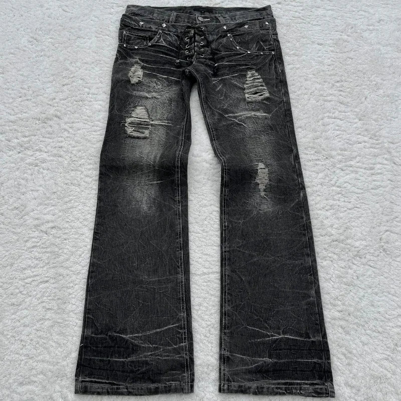 Bxoxo Vintage Double Waisted Lace Up Micro Flared Jeans Women Y2K Washed Wide Leg American Style Denim Pants Baggy Streetwear