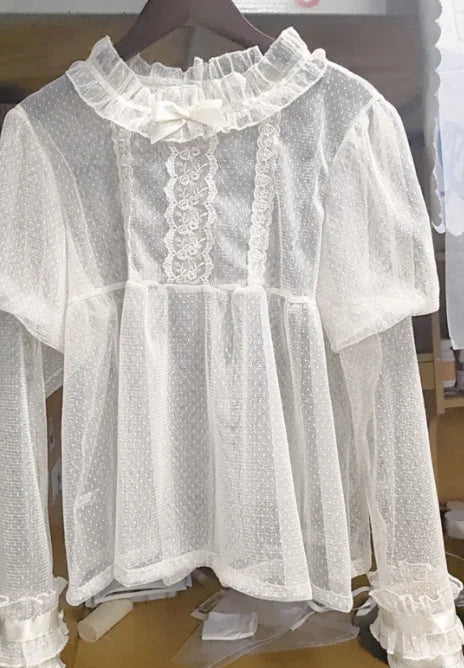 BXOXO Lolita See Through Sweet Women Shirts Lace Embroidery Harajuku Blouse Fairy Long Puff Sleeve Sweet Y2k Aesthetic Blusas De Mujer