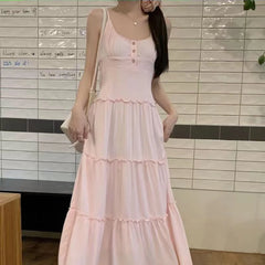 Bxoxo Pink Cute Midi Dresse Sweet Ruffle Casual Elegant Chic Beach Long Spaghetti Strap Button Holiday Gentle Dress Fairycore