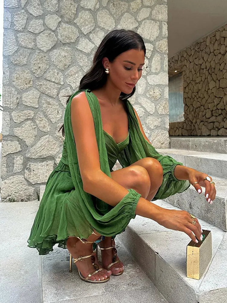 BXOXO  Women's Fashion Green Chiffon Mini Dress Elegant V-neck Split Long Sleeve Ruffle High Waist Dresses Lady Holiday Beach Vestidos