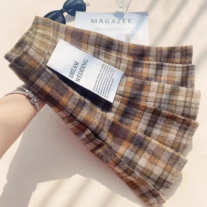 Bxoxo Plaid Woolen Pleated Skirts for Women Fall Winter High Waist Preppy Warm Mini Skirts Lady Fashion Korean All-Match A Line Skirts