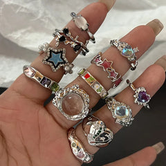 BXOXO Y2K Crystal Rings Kpop Heart Adjustable Ring Irregular Geometry Punk Vintage Rings Set for Women Girls New Fashion Jewelry