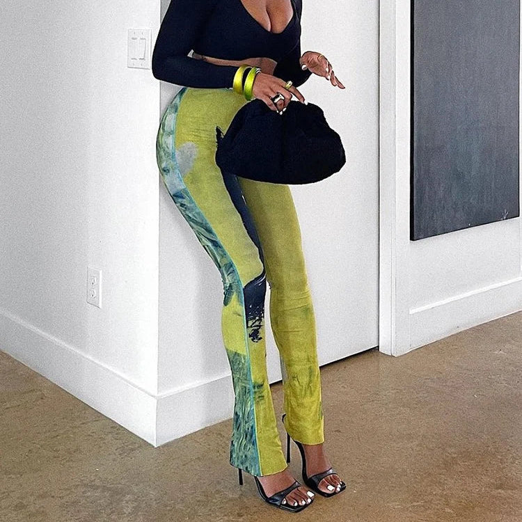 BXOXO Mesh Tie Dye Straight Pants Women Sexy Summer Trend See Through Thin Skinny Streetwear Wild Elastic Activity Bottoms
