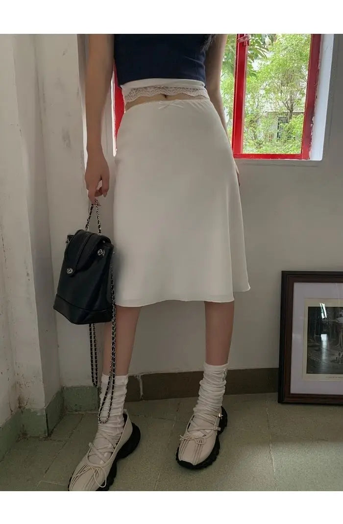 Bxoxo Elegant White Women Satin Skirt Fairycore Ruffle Mid Skirts Coquette A-line Basic Casual Korean Style Summer Silk Skirt