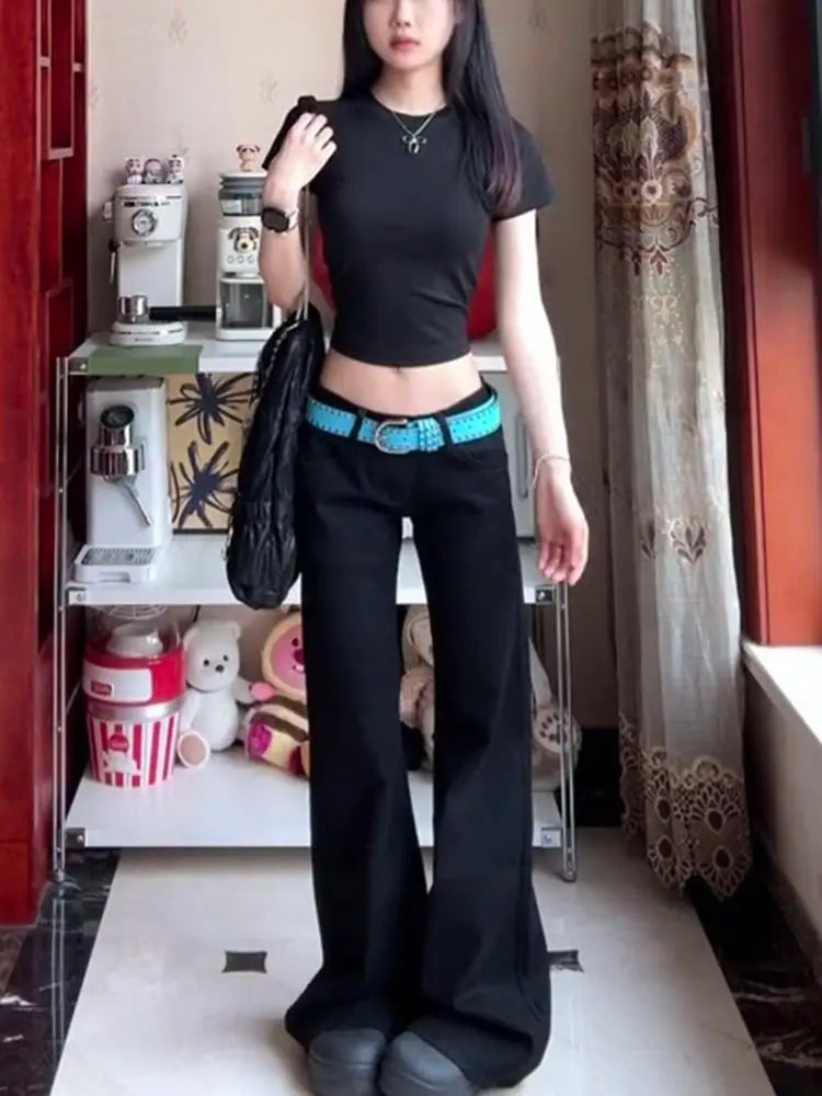 Bxoxo Black Basic Vintage Women's Pants Harajuku Low Waist Wide Leg Korean Fashion Flare Trousers Baggy Office Lady Casual