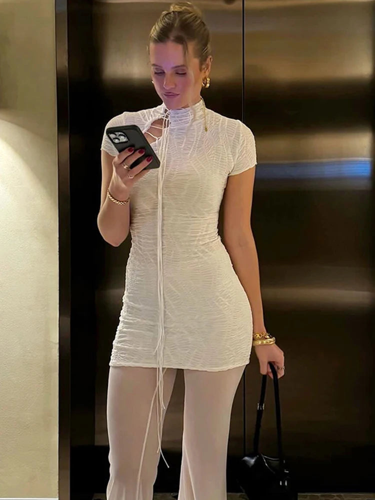 Bxoxo Jacquard Shirring Dress Women See Through Sexy Elegant Chic Y2K Shorts Sleeve Peach Hip Simple Fashion Mini Bodycon