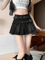 BXOXO American Vintage Streetwear Sexy Denim Skirts Women's Belt Buckle High Waist Pleated Y2k Skirts Hottie All-match Short Skirt New